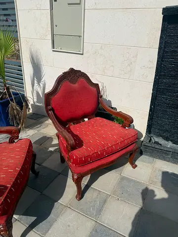 Pair of Vintage Style Red Upholstered Armchairs with Carved Wood Frames