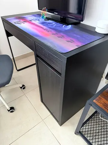 Compact black wooden computer desk with storage cabinet - excellent condition