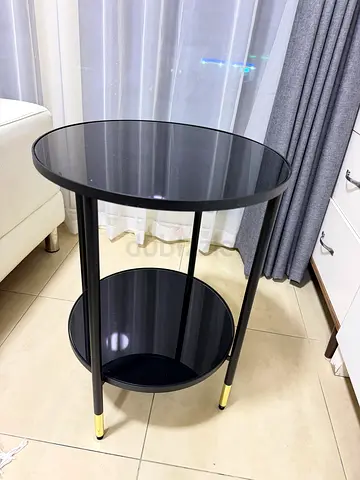 Black Glass Top Round Side Table with Lower Shelf