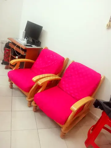 Pair of Wooden Armchairs with Pink Cushions - Good Condition