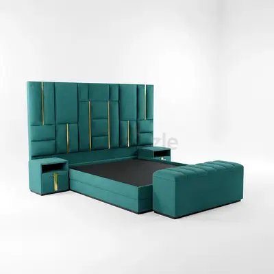 Modern Teal Upholstered King Bed with Integrated Nightstands and Bench