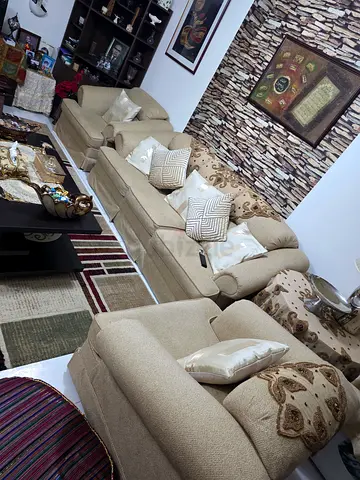 Beige 3-Seater Sofa Set with Armchairs and Cushions
