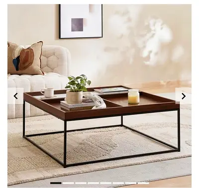 Square wooden coffee table with metal frame - modern design