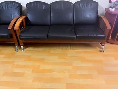 Black Leather Sofa with Wooden Frame