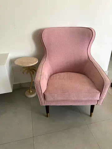 Pink upholstered accent armchair with wooden legs  Marble Side Table