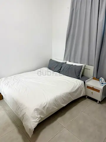 Queen Size bed frame with mattress and bedside table - simple white set