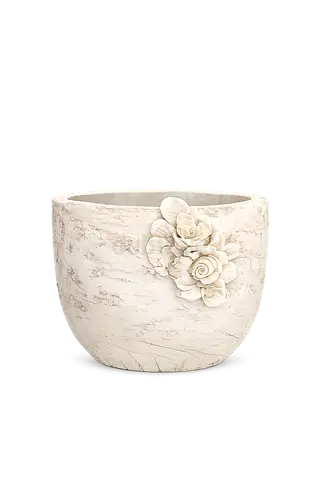 Cream Decorative Flower Pot with Rose Relief - Medium