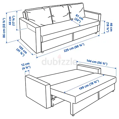 IKEA 3-seater sofa bed with storage - convertible sleeper sofa (measurements shown)