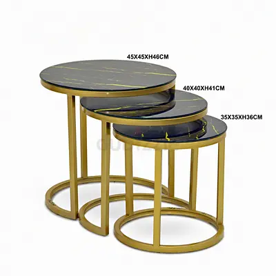 Set of 3 Round Nesting Side Tables with Black Marble Tops and Gold Frames