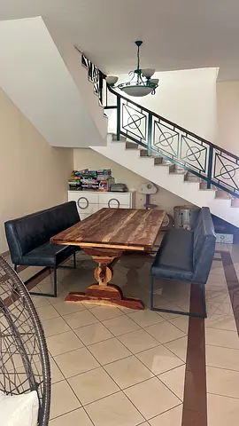 Solid wood dining table with bench and chairs - good condition