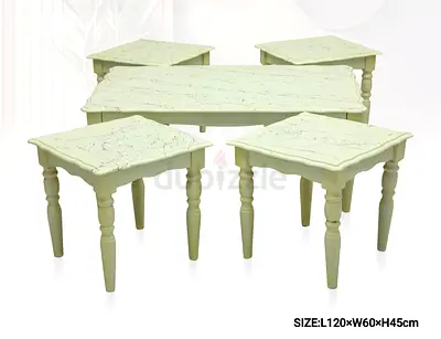 Set of 4 Vintage Style Wooden Side Tables with Matching Coffee Table — Cream Marble Top