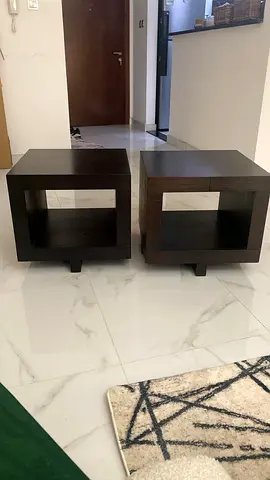 Pair of dark wood cube side tables / bedside tables