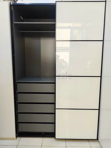 Modern Sliding Door Wardrobe with Drawers - White Glass Finish