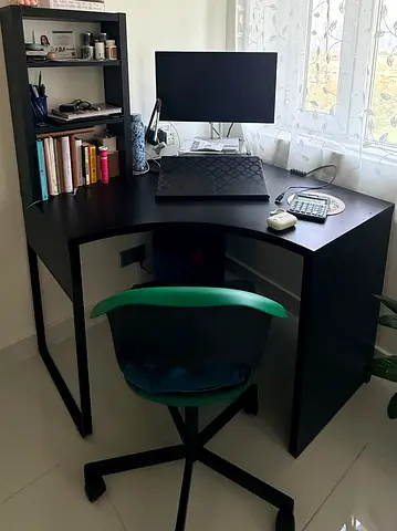 Compact Corner Study Desk with Shelves - Dark Wood Finish- Ikea