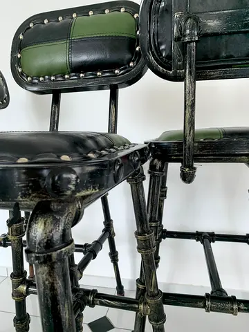 4 Vintage Industrial Bar Stools with Green  Black Leather Seats