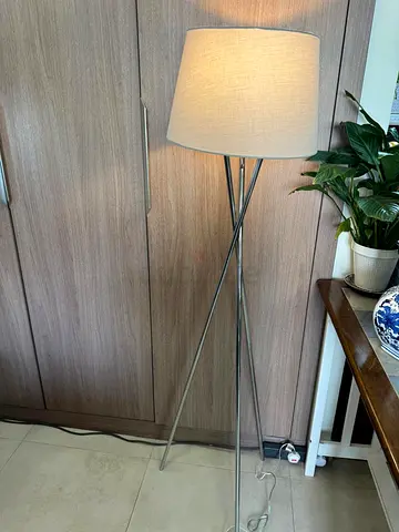 Beautiful 2 Tripod Floor and side Lamp with Light Gray Fabric Shade