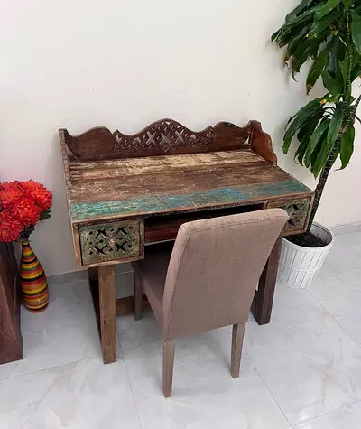 Solid Reclaimed Wood Carved Desk with Drawers