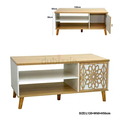 Mid-century TV Stand / Entertainment Unit - 120cm Oak  White with Decorative Door