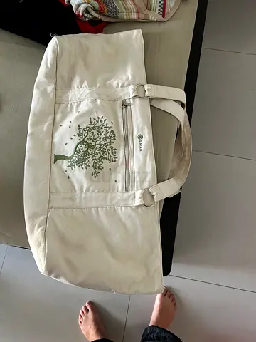 Beige canvas duffel bag with tree print - roomy weekend bag