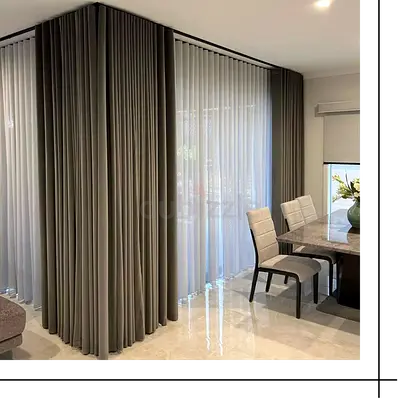Custom floor-to-ceiling pleated curtains with sheer liners - used
