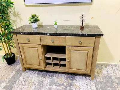 Wooden Sideboard Console with Marble Top and Wine Storage