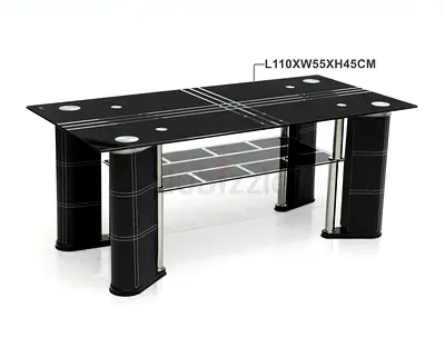 Modern Black Glass Coffee Table with Leather-Look Legs and Glass Shelves (110x55x45cm)