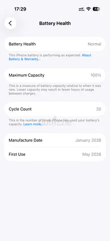 iPhone with 100% Battery Health — Lightly Used (First used May 2026)