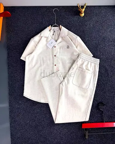 Brunello Mens Short-Sleeve Shirt and Matching Trousers Set - Light Beige,