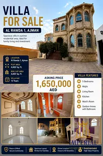 A rare opportunity to own a spacious independent villa in Al Rawda 1, Ajman, one of the most desirab