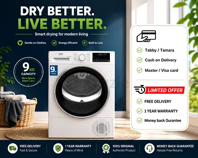 Beko Condenser Tumble Dryer 9 kg – AquaWave Sensor Drying  15 Programmes DC9W (White)