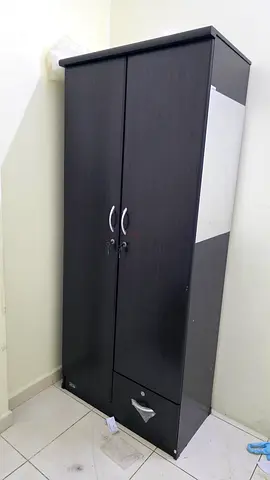 Dark Wood Two-Door Wardrobe with Lock and Drawer