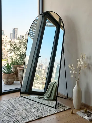 Full-Length Arched Free-Standing Floor Mirror with Black Frame