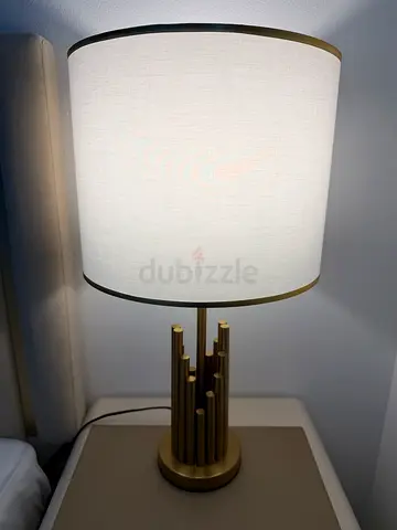 Brass Column Table Lamps with White Fabric Shade - Excellent Condition