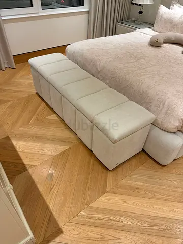 Long Beige Upholstered Storage Ottoman Bench (6-Seat)
