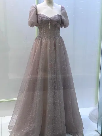 Elegant Mauve Shimmer Evening Gown with Puff Sleeves