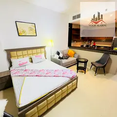 Dubai, Al Furjan area, new studio apartment with a large area, kitchen, and bathroom.