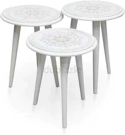 Set of 3 White Side Tables with Floral Pattern