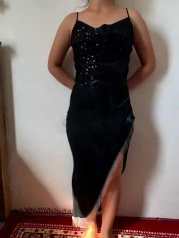Elegant Black Evening Dress with Sequined Bodice and Fringe Detail