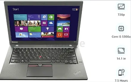 كمبيوتر محمول للأعمال من لينوفو ثينك باد T450، معالج إنتل كور i7 من الجيل الخامس، ذاكرة وصول عشوائي