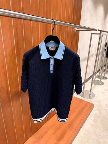 Hermes Navy Knit Polo Shirt with Light Blue Collar -