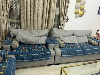 Home box sofa set in gray (Graham sofa set)  good condition with blue sofa covers