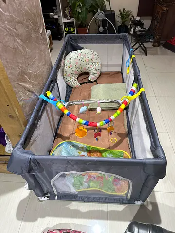 Used Portable Baby Playpen / Travel Cot with Toy Bar and Mattress