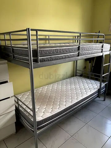 Silver Metal Bunk Bed with 2 Mattresses – Single/Twin Size