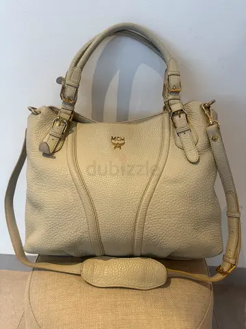 Authentic MCM Pebbled Leather Tote Bag – Cream/Beige – Gold Hardware – Shoulder Strap