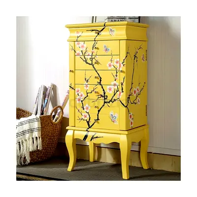 Hand-painted Yellow Floral Tall Chest / Jewelry Cabinet
