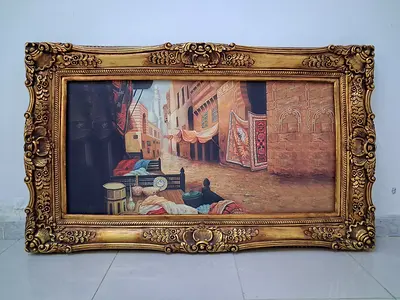 Vintage Oriental Street Scene Oil Painting in Ornate Gold Frame