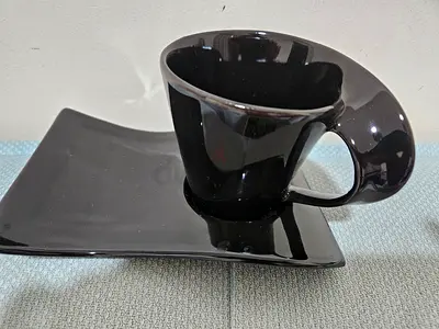 Black Ceramic Coffee Cup with Matching Rectangular Saucer