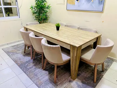Solid Wood 8-Seater Dining Table with Upholstered Chairs - Light Oak Finish