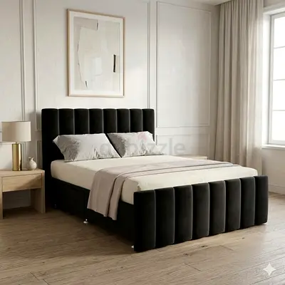 Upholstered Double Bed Frame with Padded Headboard (Black)