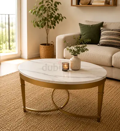 Round Marble-Top Coffee Table with Gold Metal Base